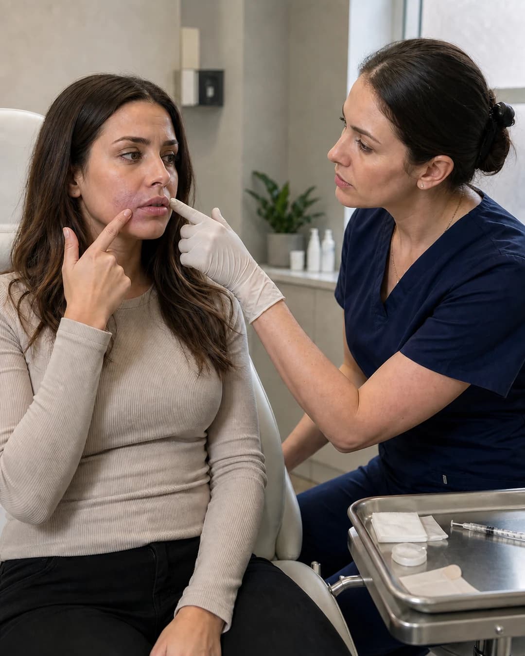 A clinician gives a worried client her full attention in the treatment chair.