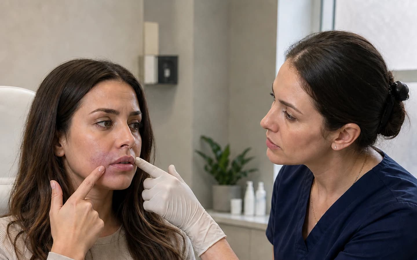 A worried client points to a concern while the clinician assesses her.