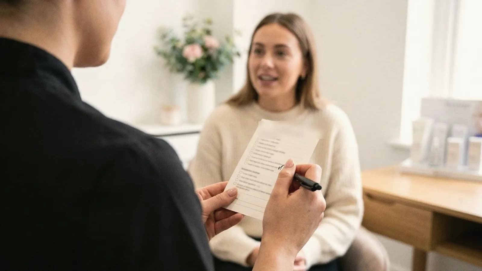 A practitioner holds a one-page card while she talks with a client.
