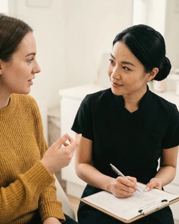 A practitioner takes a client's history on a notepad.