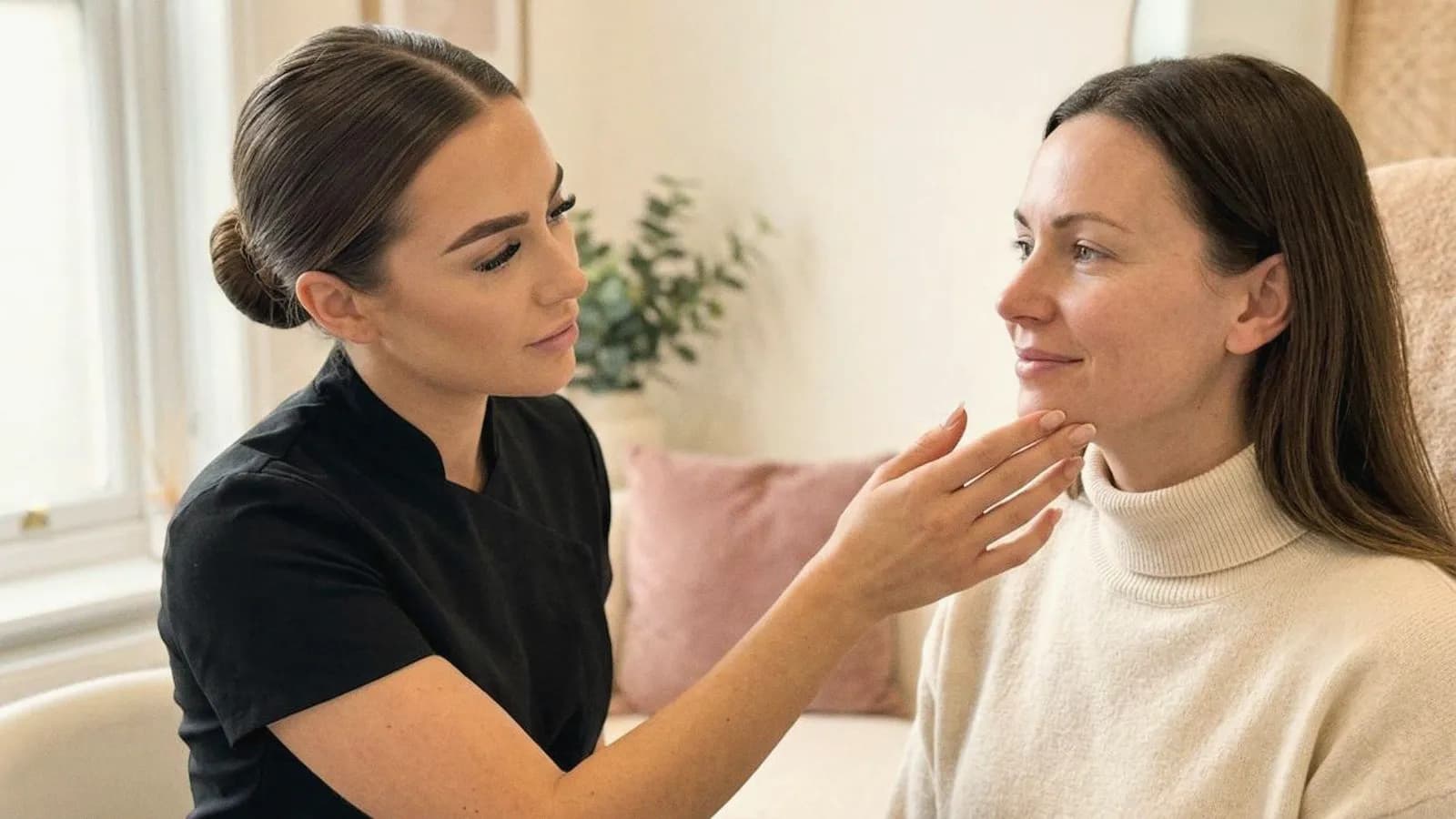 A practitioner reads a client's skin face to face in daylight.
