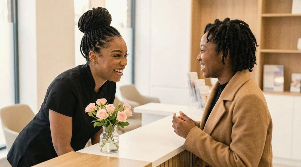 A practitioner greets a client at the clinic reception desk.