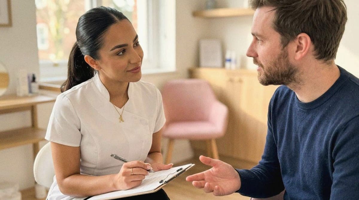 A practitioner takes notes as a client talks her through his concerns.