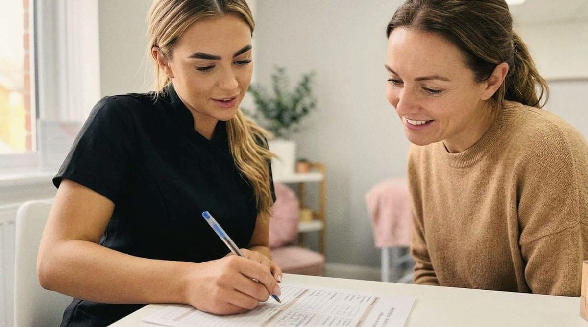 A practitioner writes up notes while a client looks on.