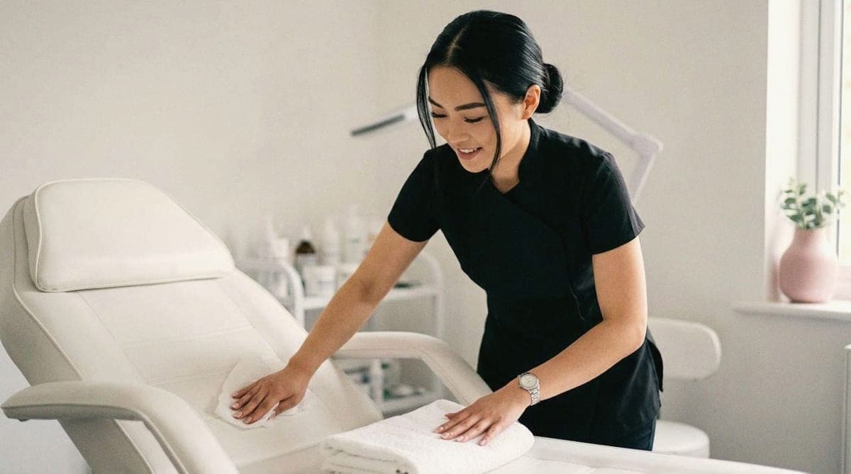 A practitioner prepares the treatment couch before her first client.