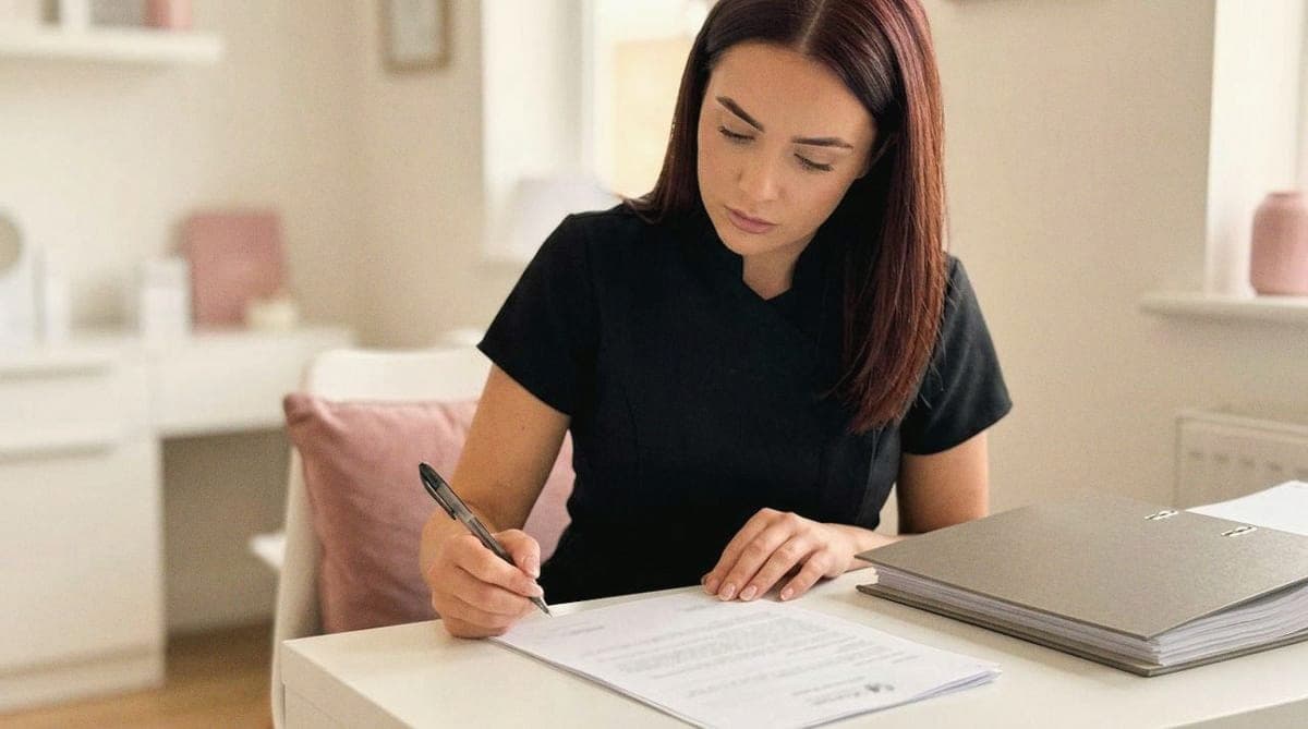 A practitioner reads through regulatory paperwork at her clinic desk.