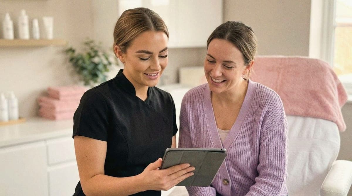 A practitioner reviews notes on a tablet with a client.