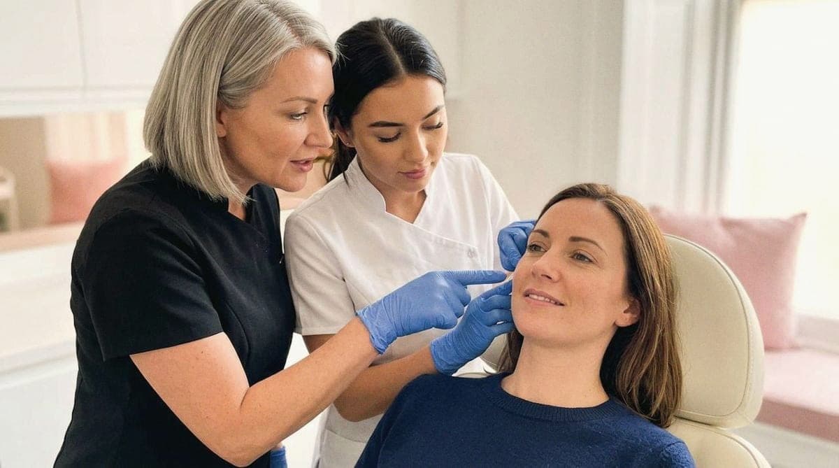 An experienced practitioner guides a colleague through a skin assessment with a client.