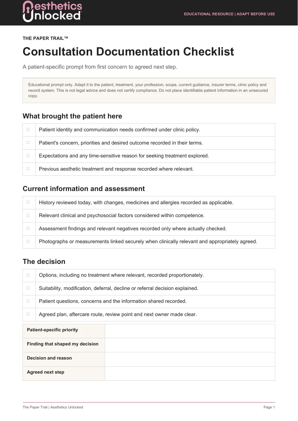 The actual Paper Trail consultation documentation checklist