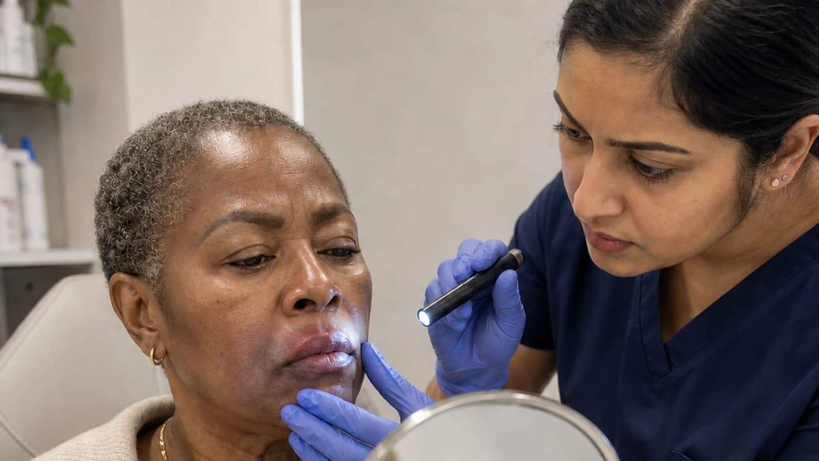 A clinician carries out a careful structured assessment with a client.