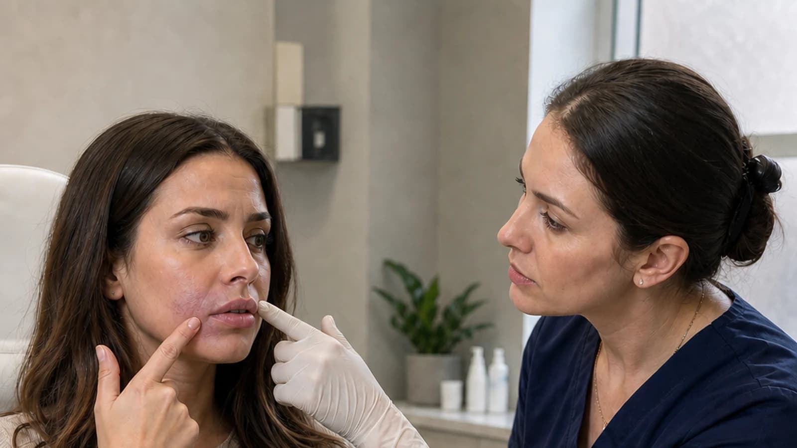 A clinician reviews a client who has raised a concern after treatment.