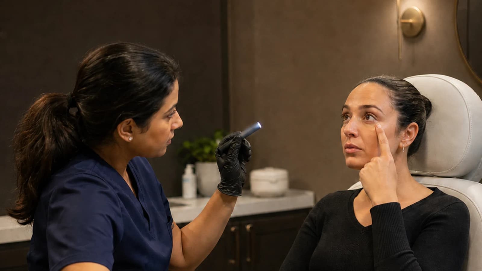A clinician and a client talk through a concern in a dimly lit treatment room.