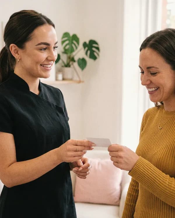 A practitioner hands a smiling client a card at the end of her appointment.