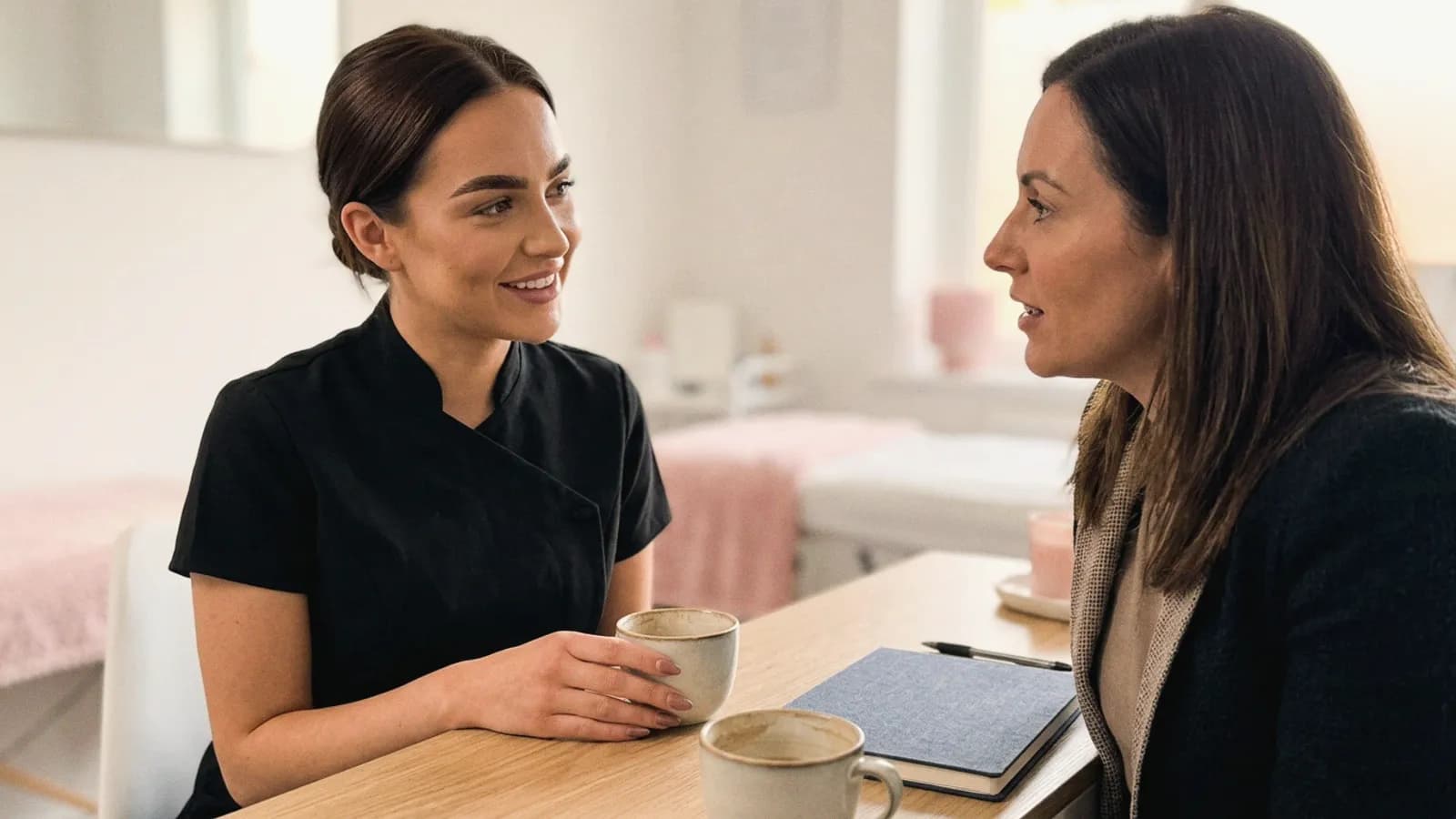A practitioner talks business with a mentor over coffee after clinic.