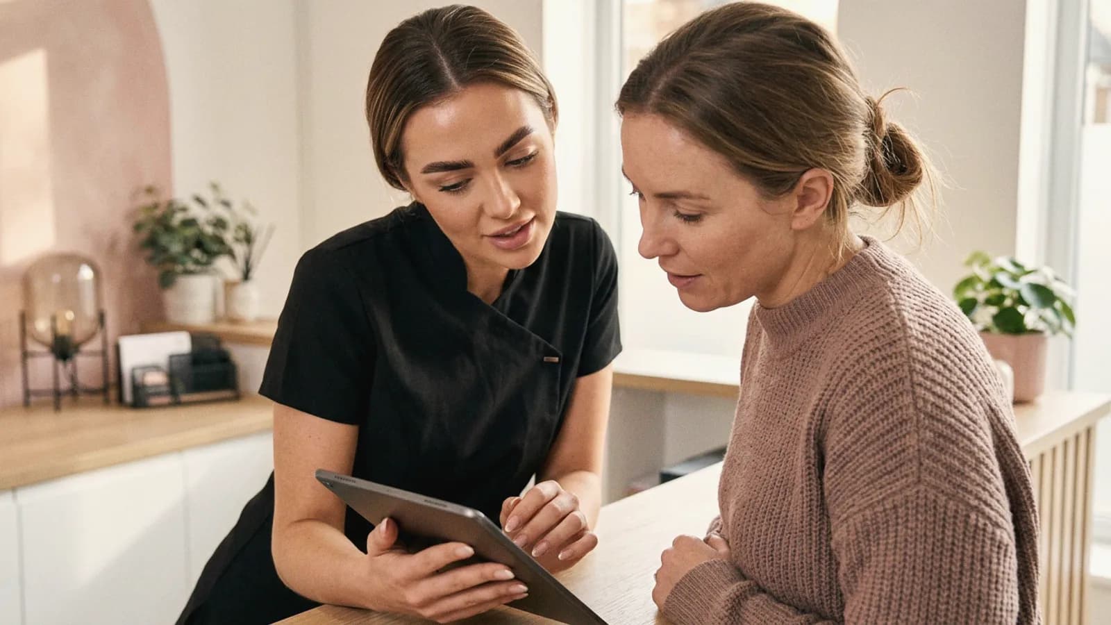A practitioner books a client's next appointment on a tablet at reception.