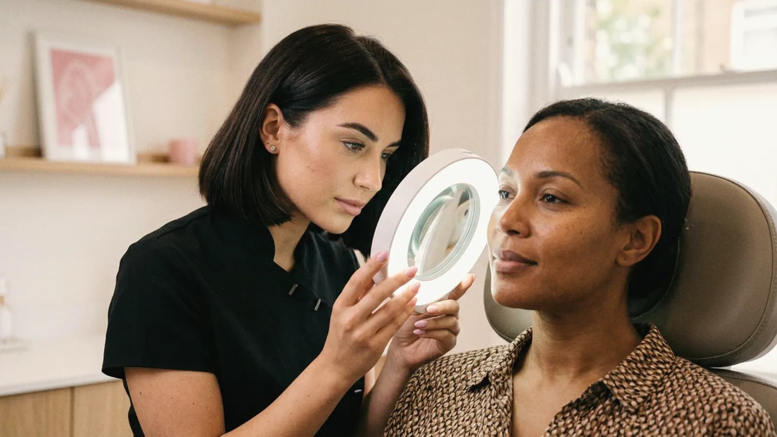 A practitioner talks a client through her skin assessment in a bright clinic room.