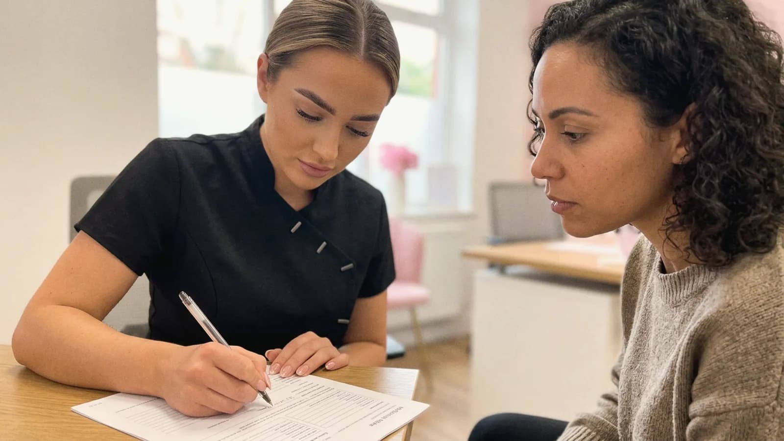 A practitioner and client go through consultation notes together at a desk.