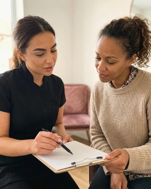 A practitioner writes up a treatment plan on a clipboard while the client reads along.
