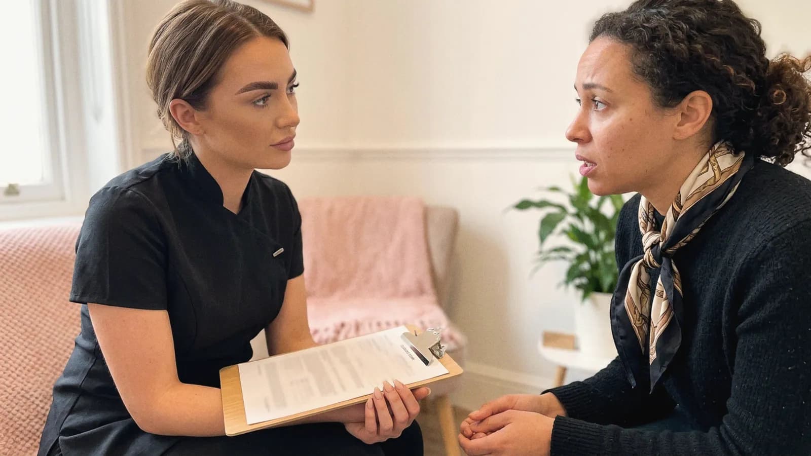 A practitioner talks a client through the risks with the consent form on her clipboard.