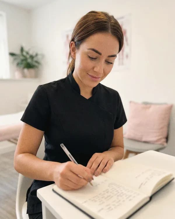 A practitioner writes up a treatment record in a notebook.