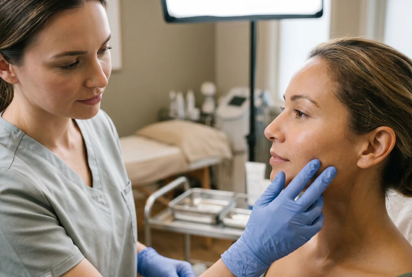 A practitioner examines a client's skin with gloved hands.