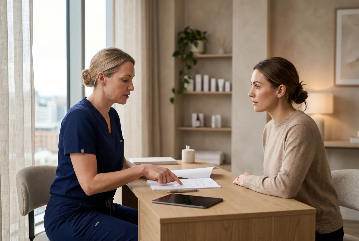 A practitioner and a client talk across a desk in a calm clinic.