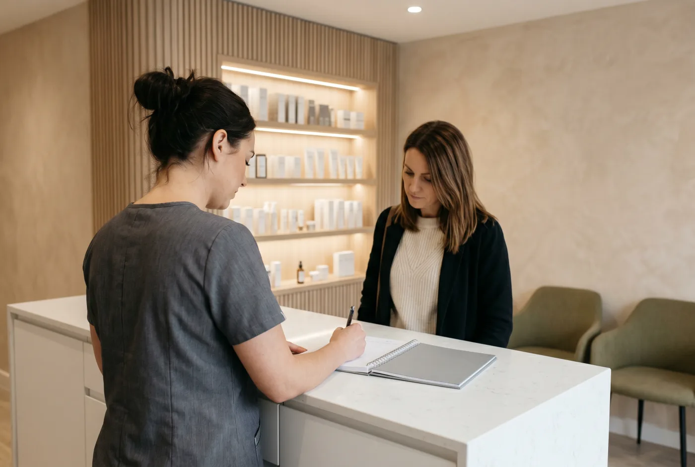 A client books her next visit at the clinic reception desk.