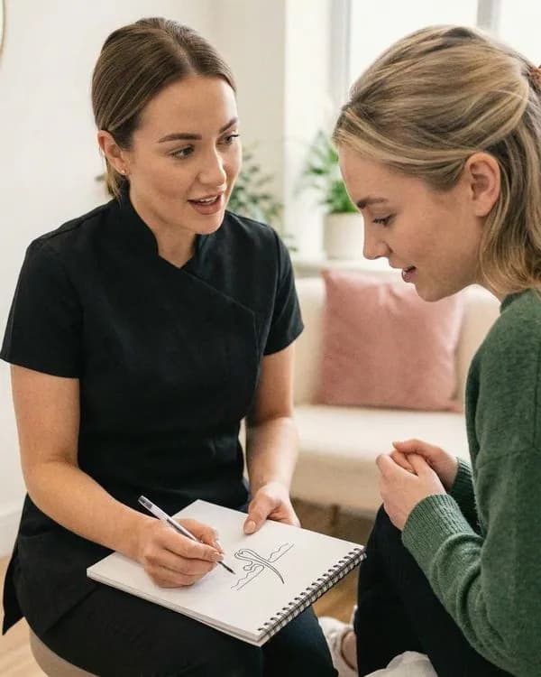 A practitioner sketches on a notepad as she explains acne to a client.