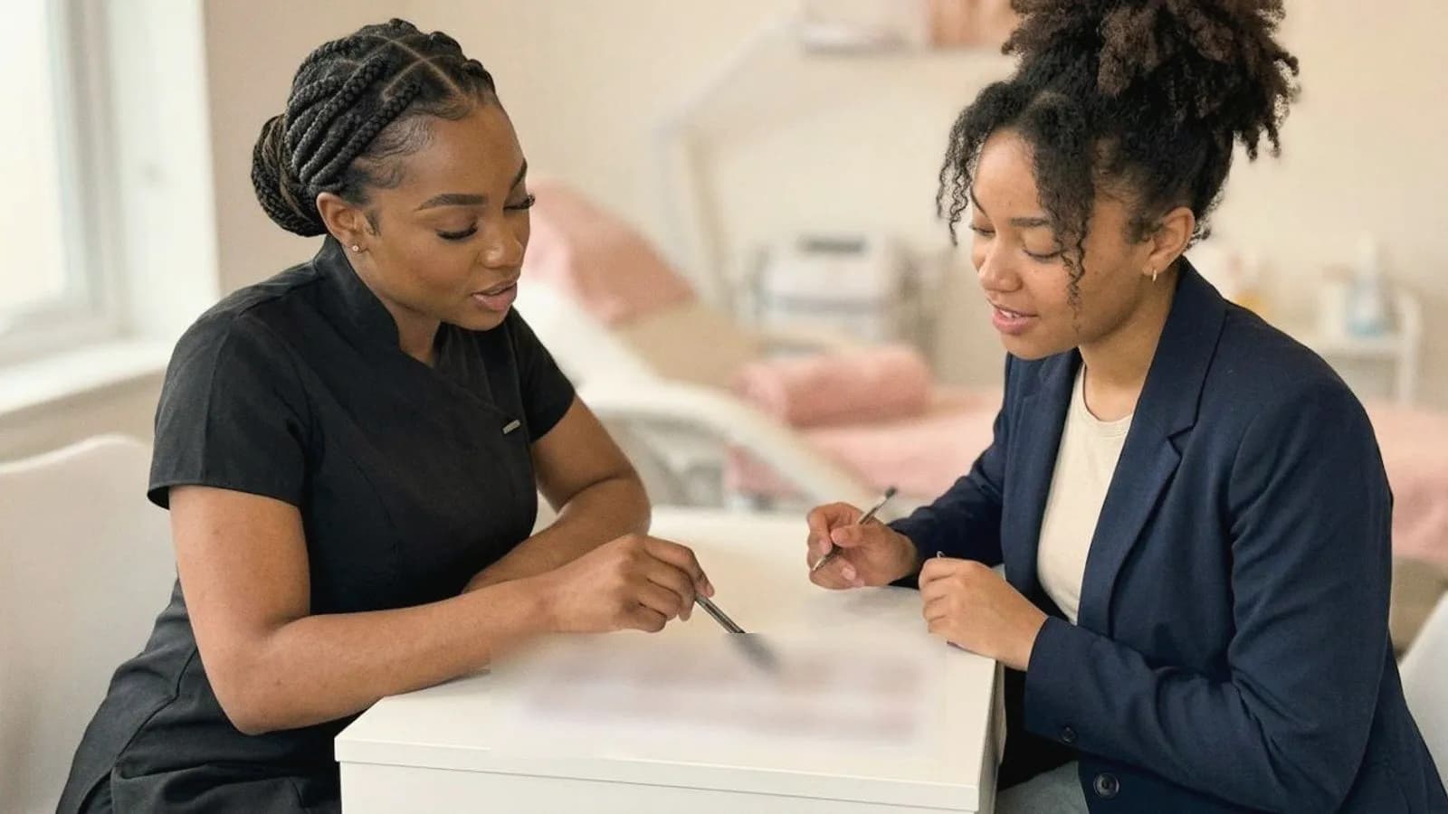 A practitioner talks a client through a long-term plan at a desk.