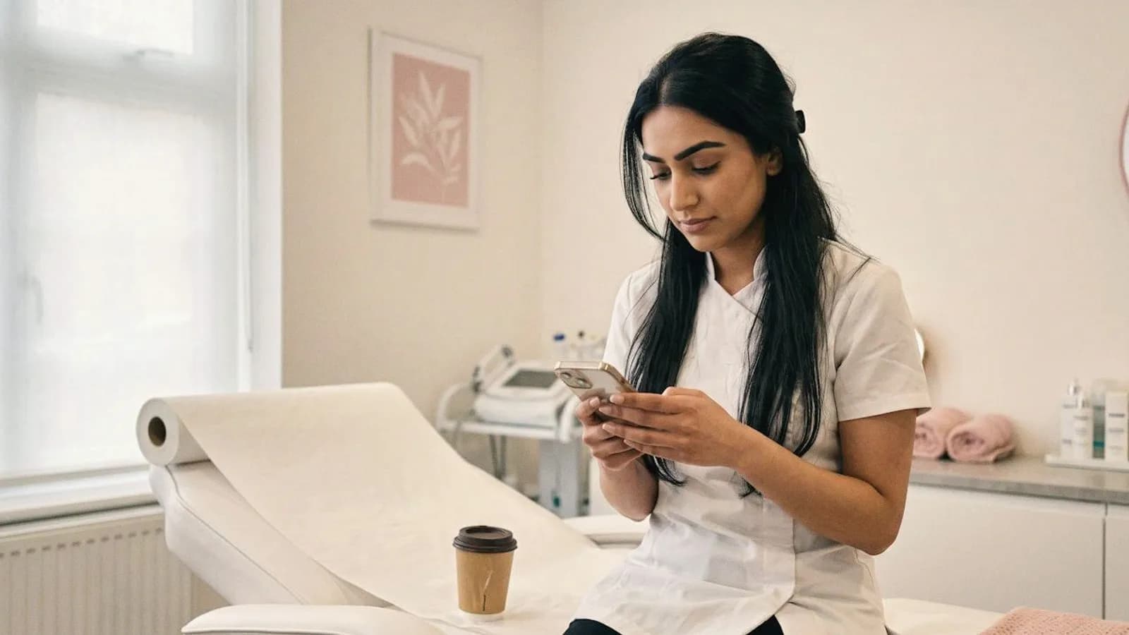 A practitioner studies a short lesson on her phone in the clinic.