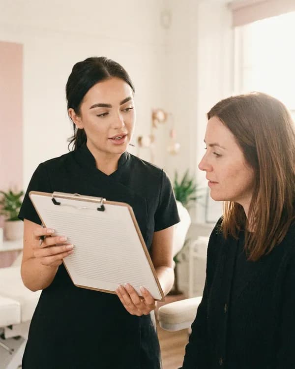 A practitioner talks a client through a consent form on a clipboard.