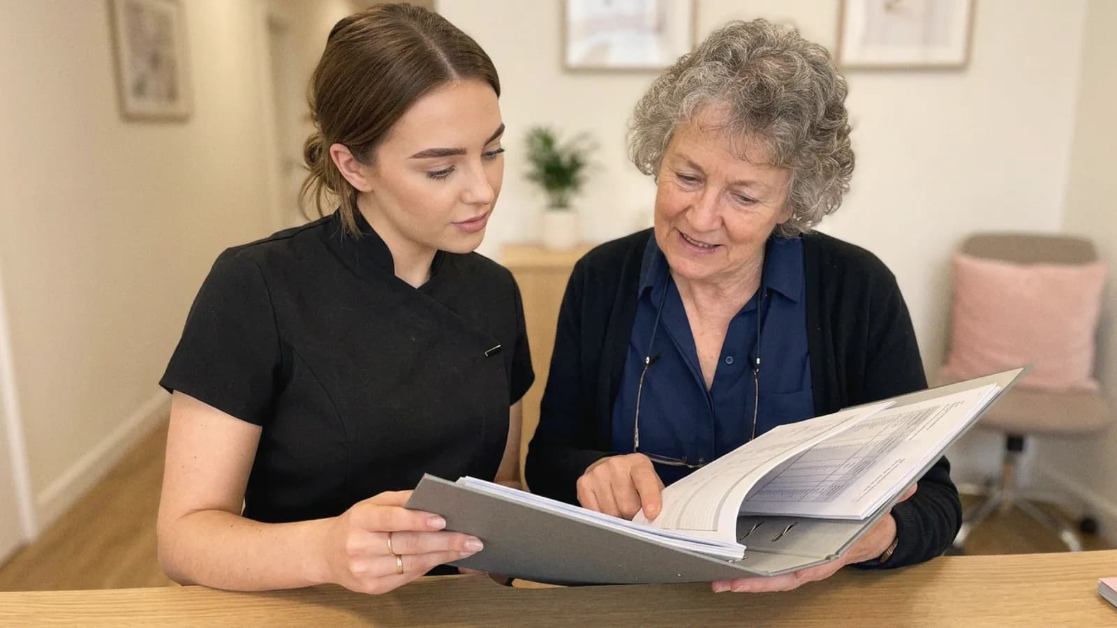 A practitioner and a senior colleague go through a compliance file at a desk.
