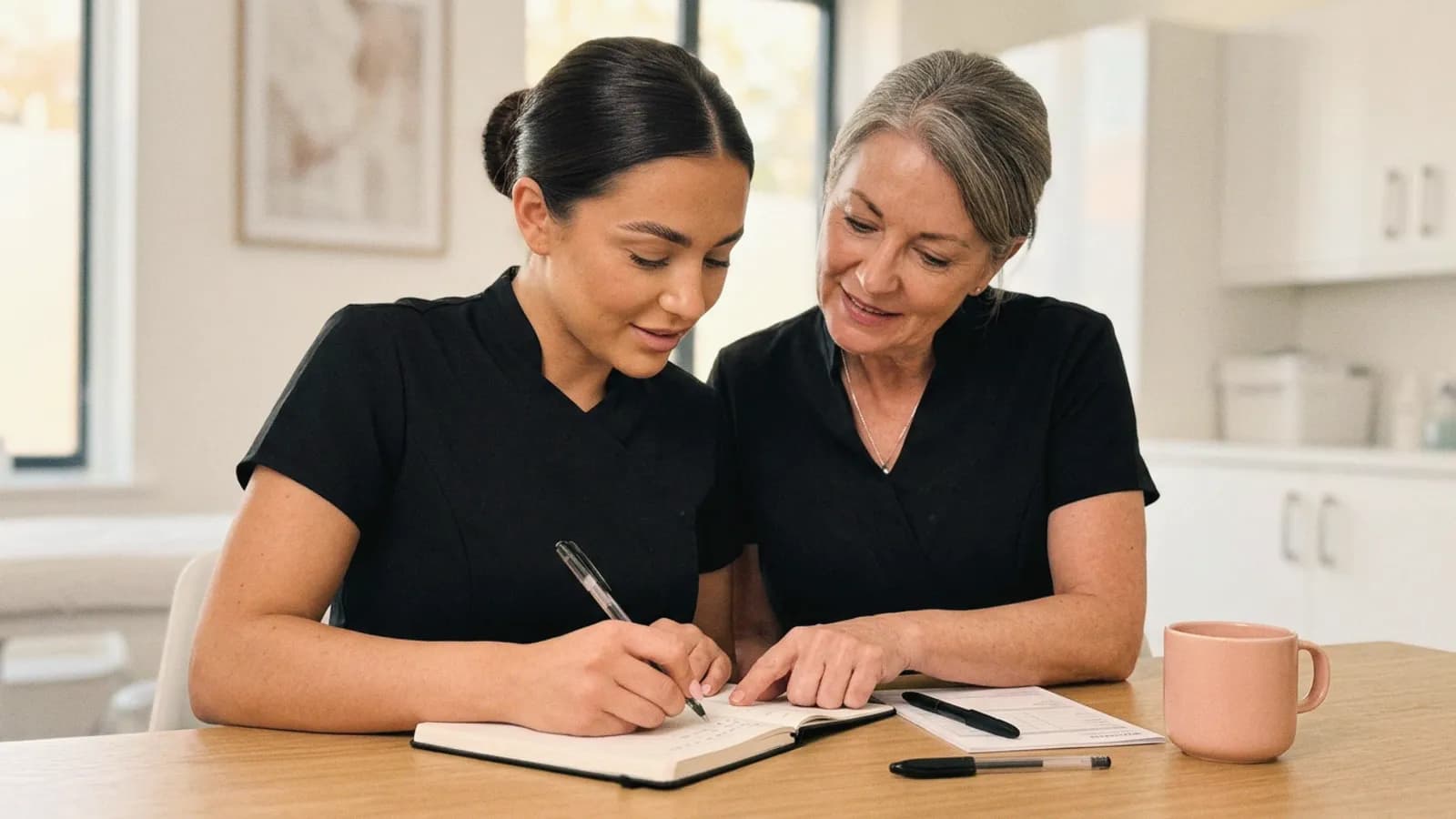 A practitioner writes up clinical notes while a senior colleague checks them.