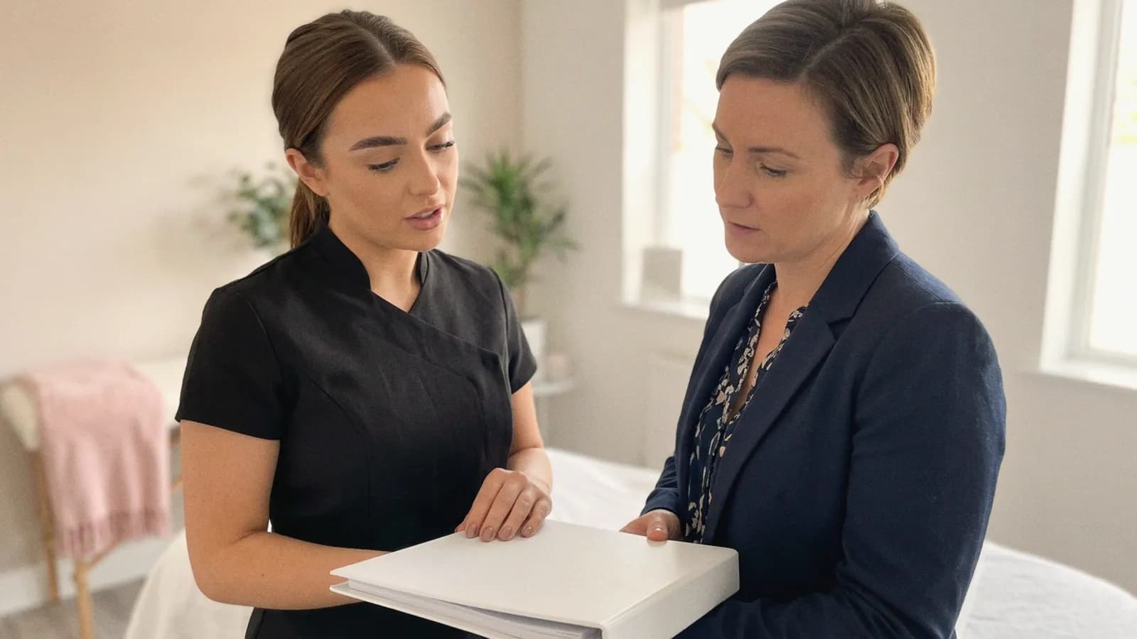 A practitioner and a clinic manager discuss a policy folder beside a treatment couch.