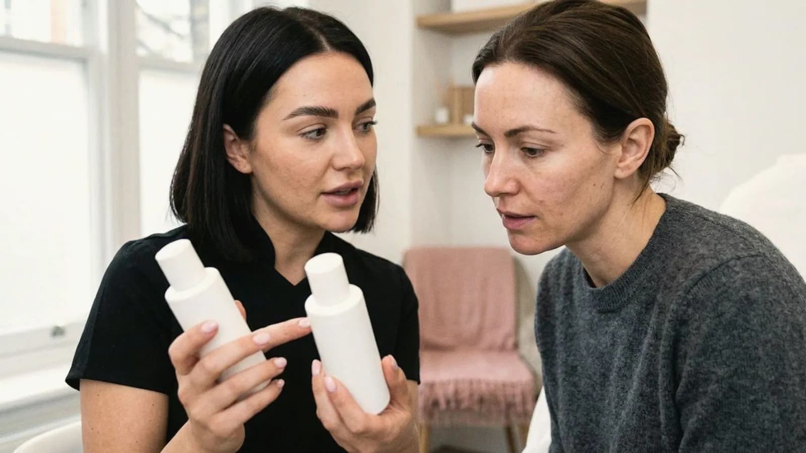 A practitioner compares two plain skincare bottles with a client.