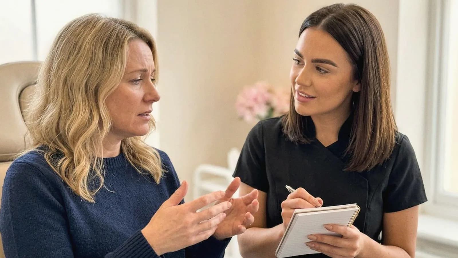 A practitioner takes notes as a client describes what sets off her skin.