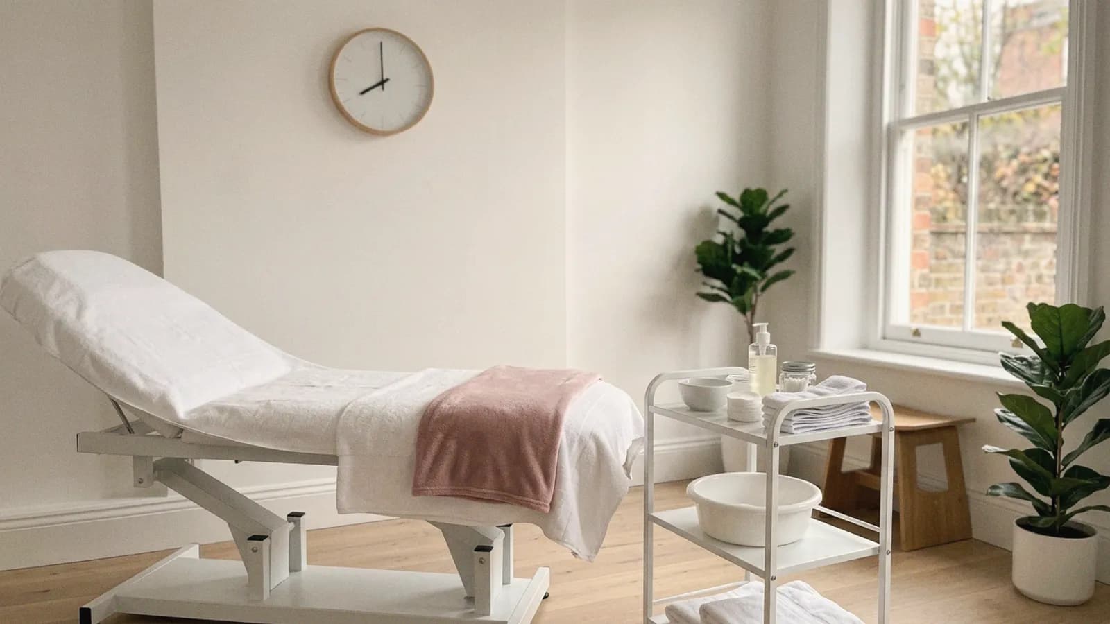 An empty treatment room reset and ready for the next client, a clock on the wall.
