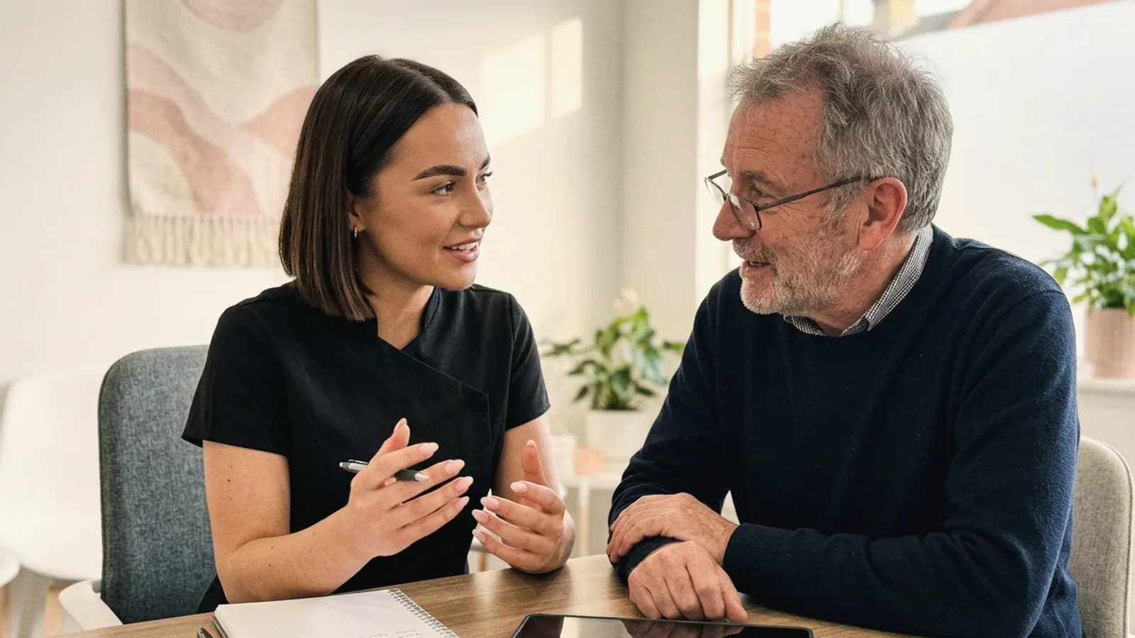 A practitioner answers a client's questions across a clinic desk.