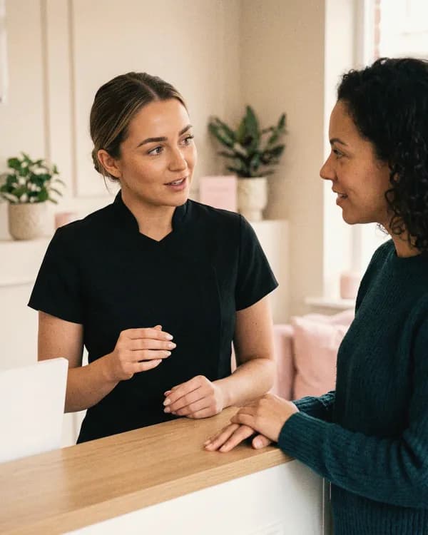 A practitioner answers a new client's questions at the clinic reception counter.