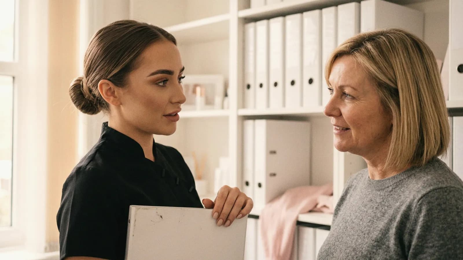 A practitioner and a colleague talk beside a shelf of clinic binders.