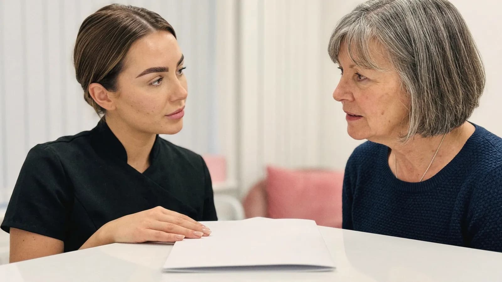 A practitioner and a senior colleague talk seriously across a desk with a closed folder between them.